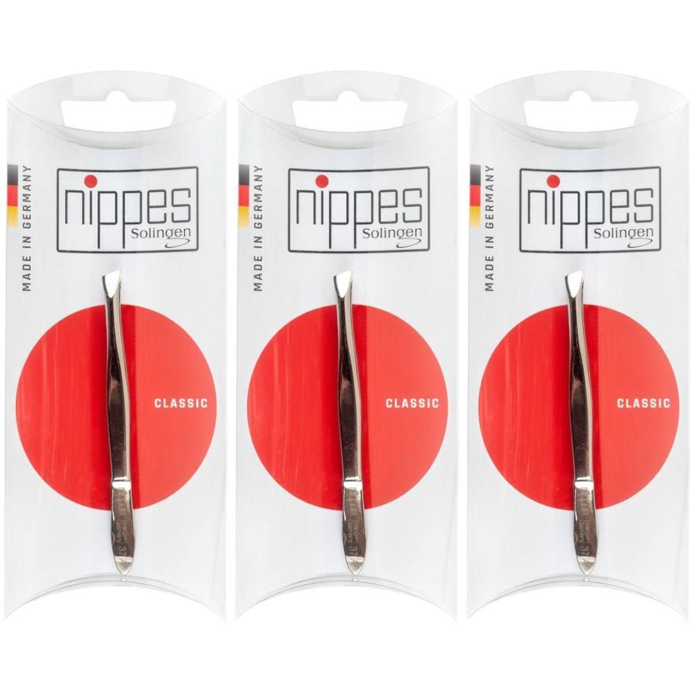 Trois pinces à épiler Nippes, design classique, emballées dans des blisters avec cercle rouge.