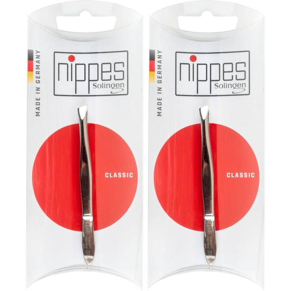 Twee Nippes Solingen pincetten, klassiek design, verpakt in blisterverpakking.