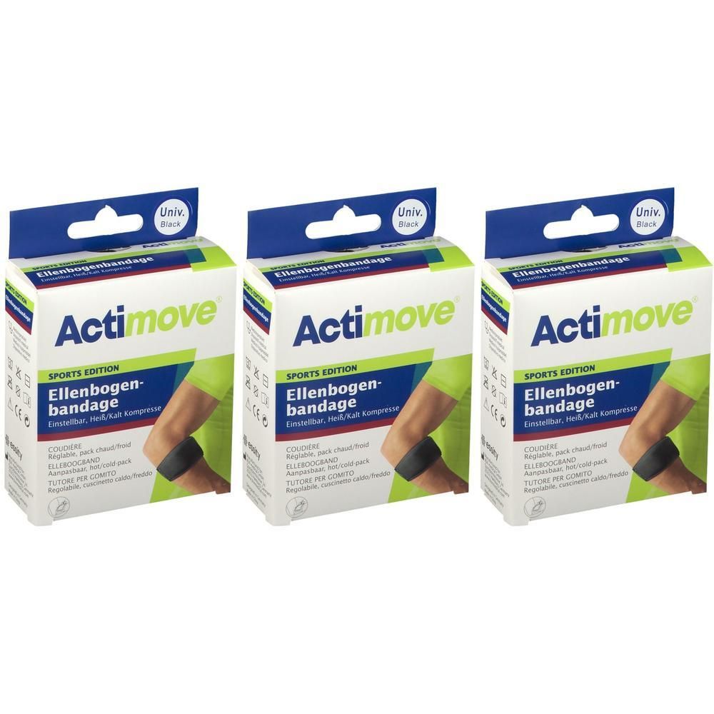 Drie Actimove elleboogbandages in Sport Edition, zwart, universele maat.