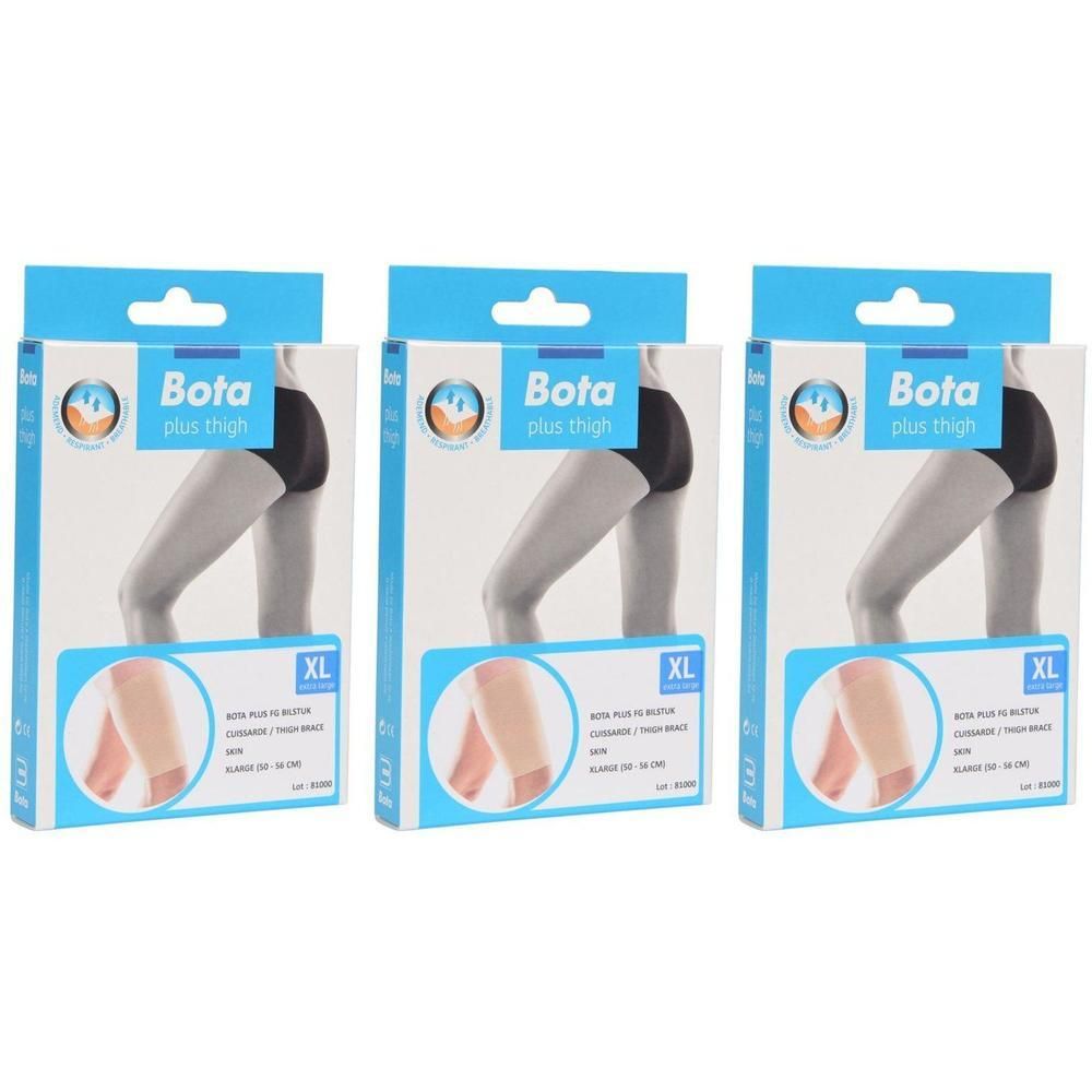 Drie verpakkingen Bota Plus dijbeenzakken XL, huidskleur. Verpakking toont een dijbeen.