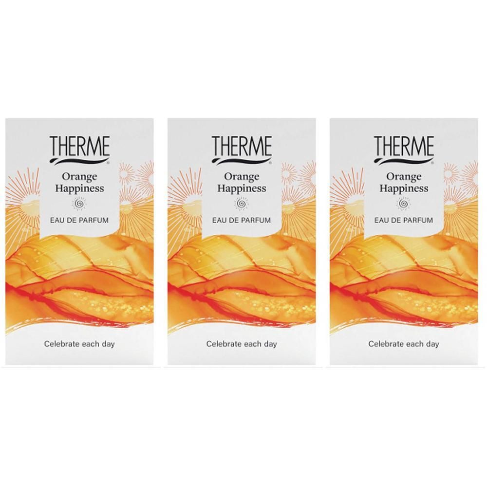 Trois paquets de Therme Orange Happiness Eau de Parfum avec des motifs ondulés orange et jaunes.