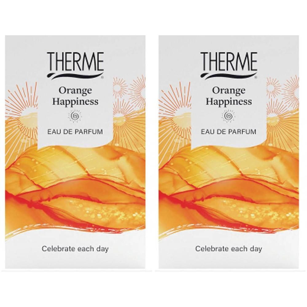 Twee pakken Therme Orange Happiness Eau de Parfum met oranje en gele abstracte patronen.