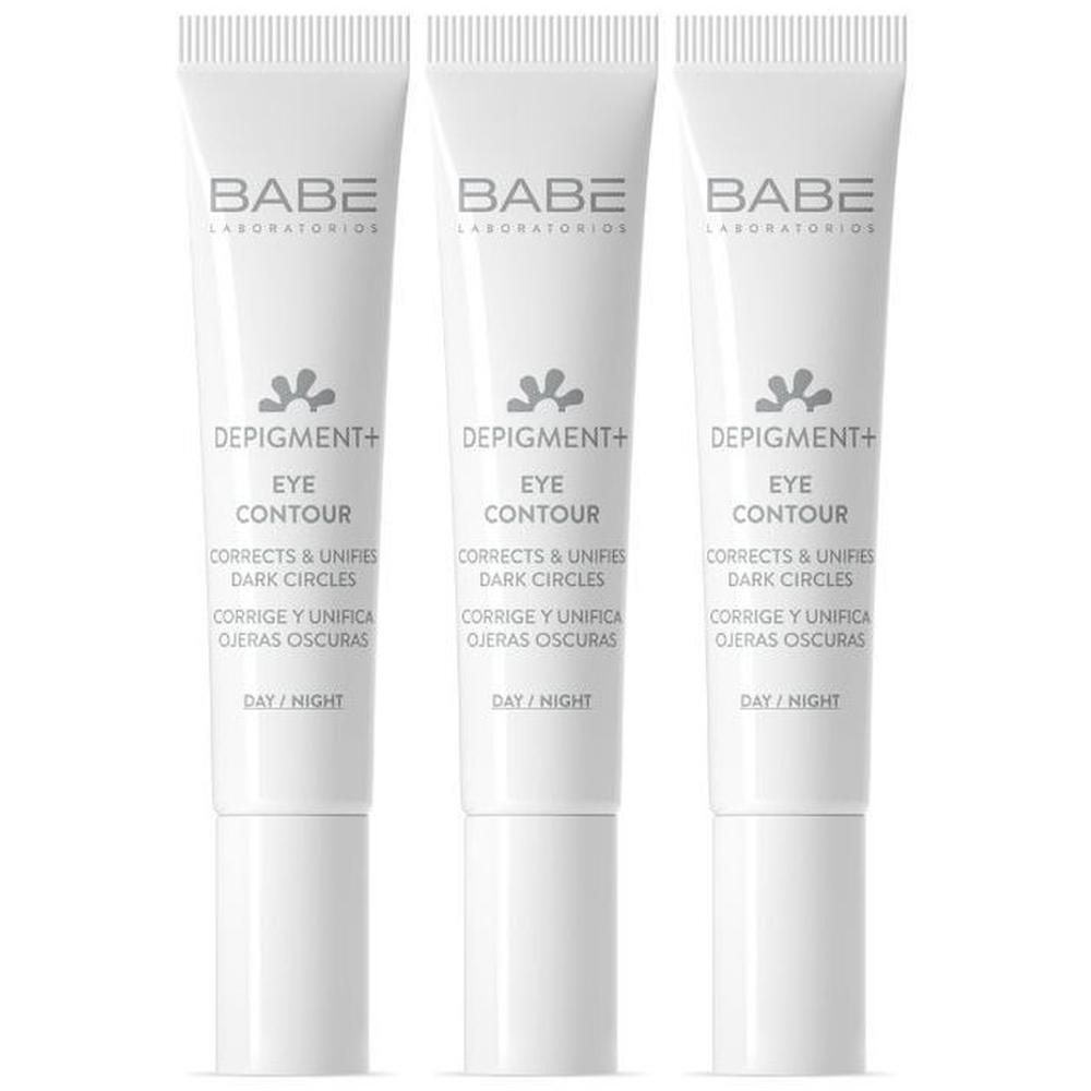 Trois tubes blancs Babe Depigment+ Eye Contour pour jour/nuit.