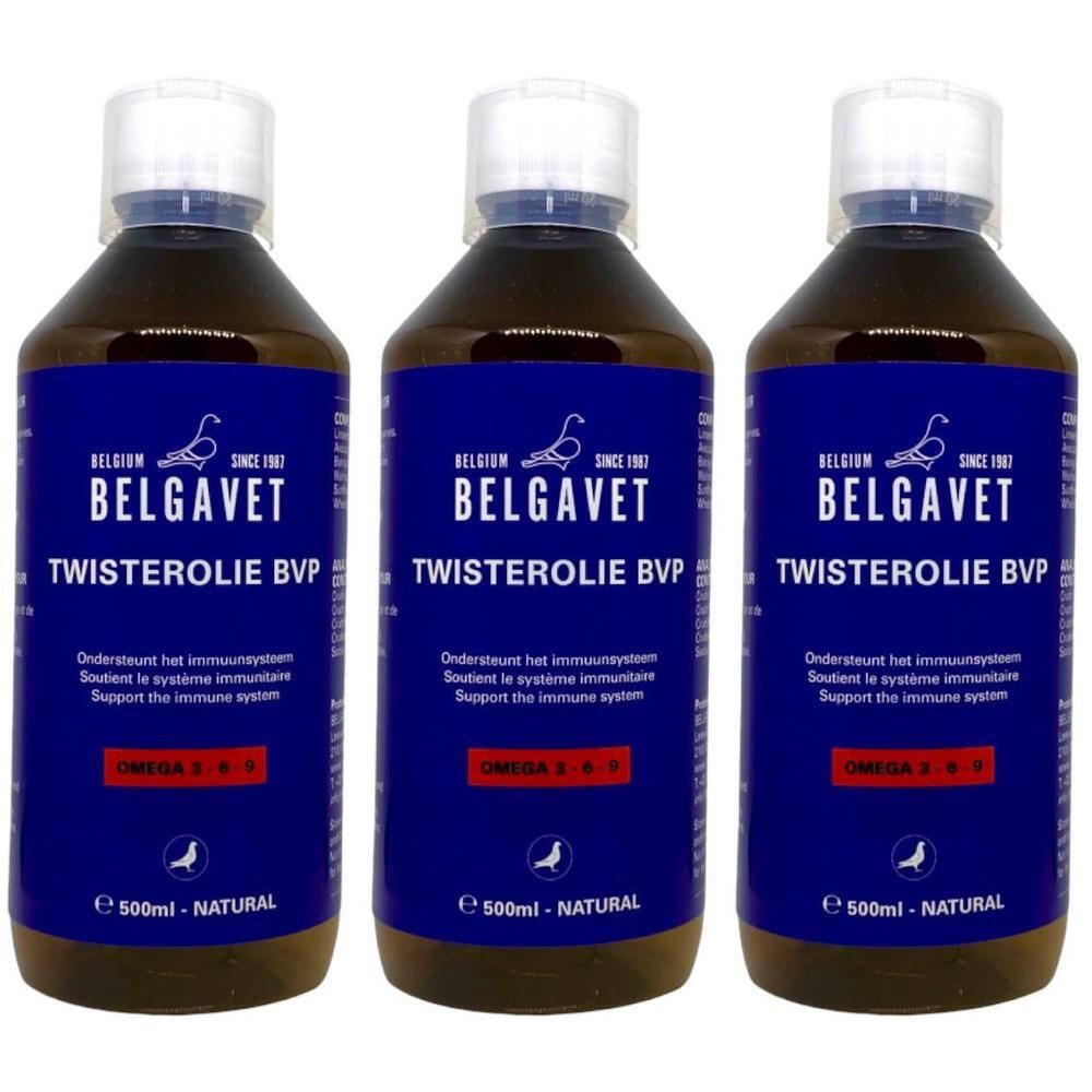 Drie flessen Belgavet Twisterolie BVP, 500ml, Natuur.