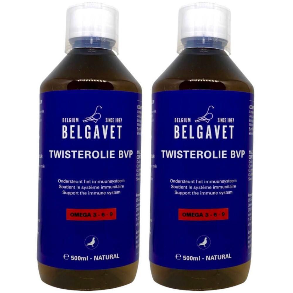 Deux bouteilles de Belgavet Twisterolie BVP, 500ml, avec Oméga 3-6-9.