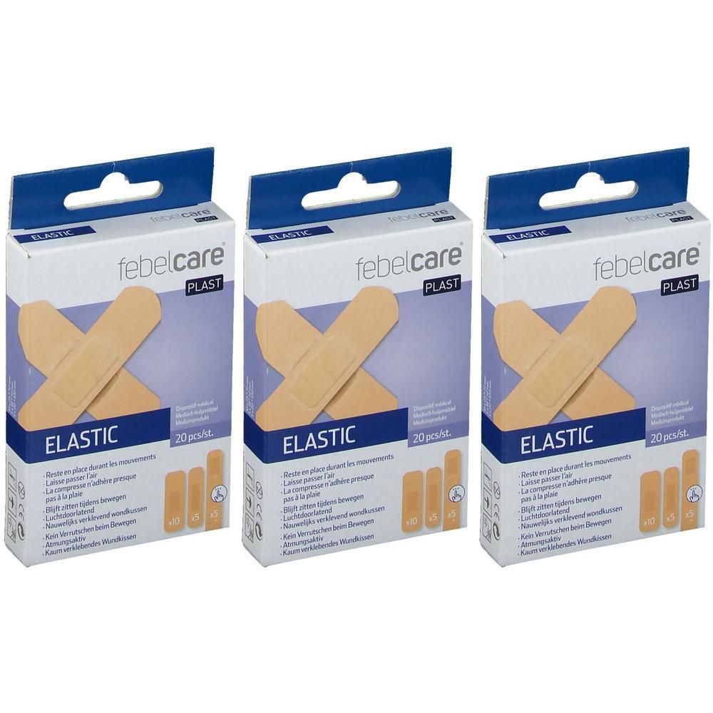 Drie pakken Febelcare elastische pleisters, 20 stuks per stuk. Huidkleurige pleisters met blauwe opdruk.
