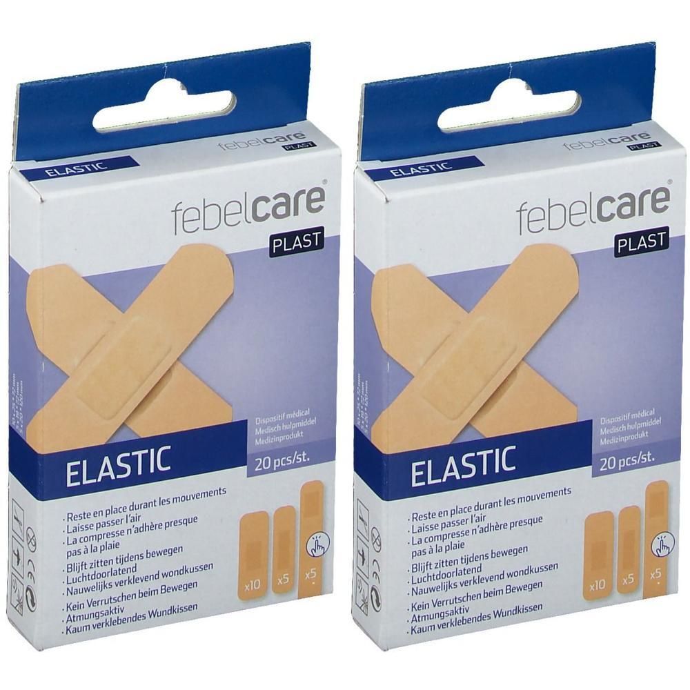 Twee pakken Febelcare Elastische Plast pleisters. Elk pak bevat 20 pleisters.