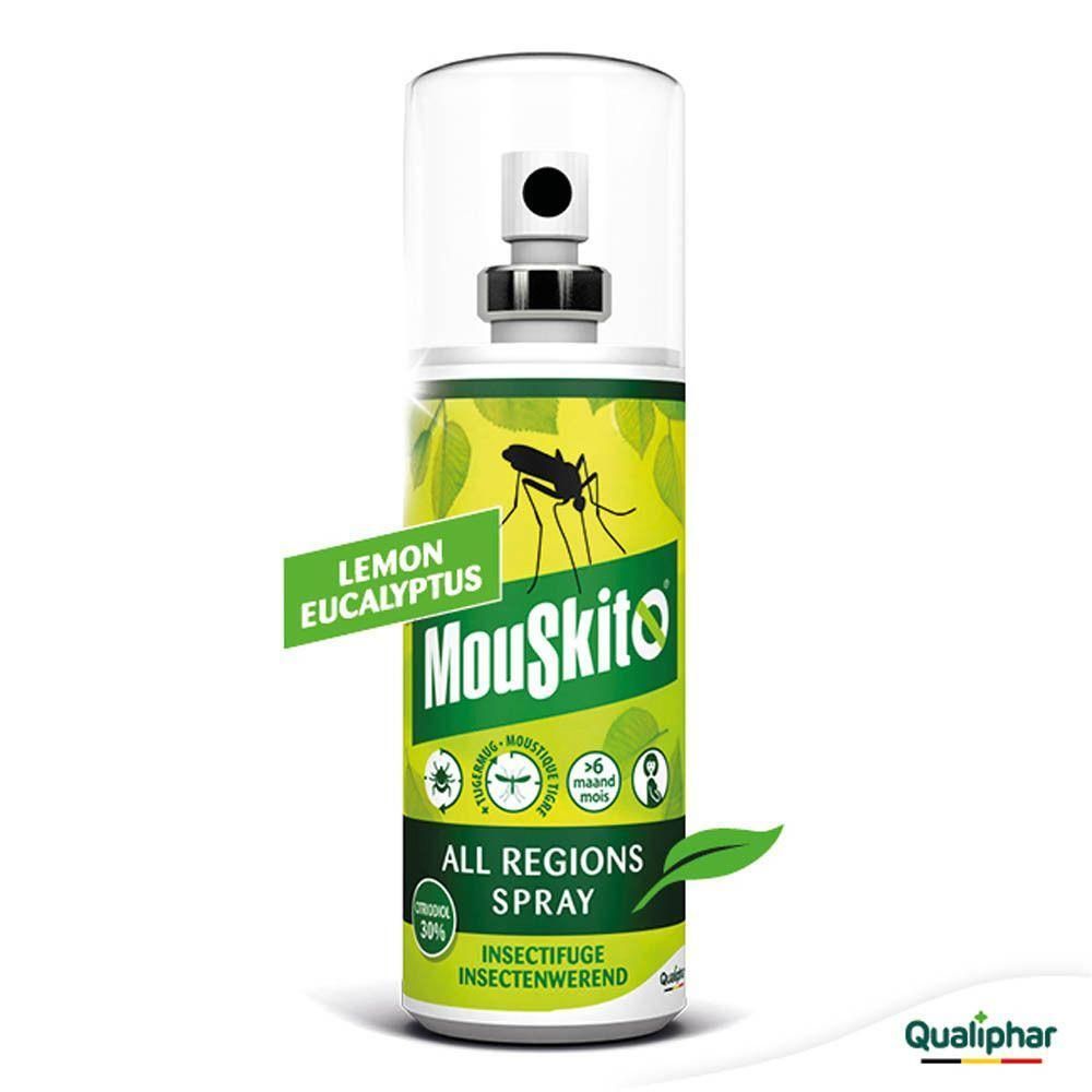 Mouskito All Regions Spray met citroen-eucalyptusgeur. Insectenwerend middel in spuitfles.
