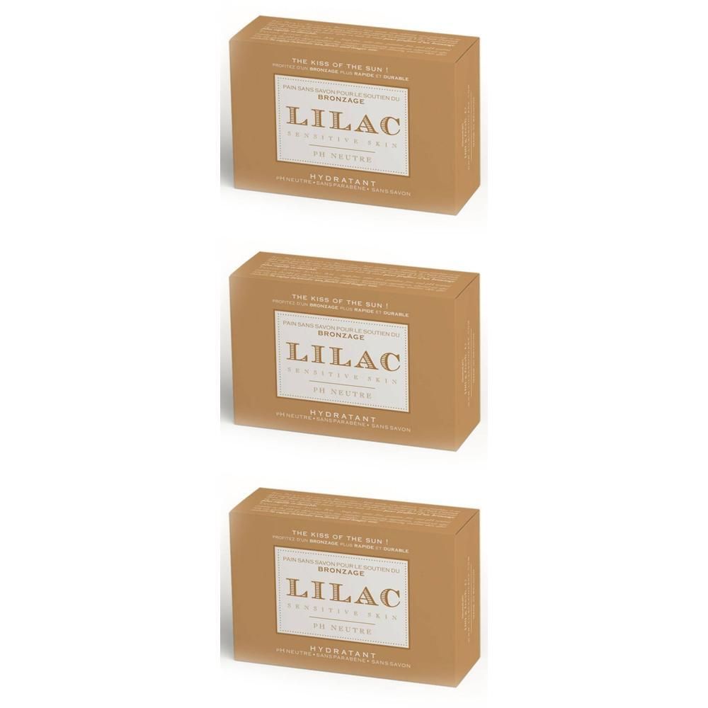 Trois boîtes de Lilac Pain Dermatologique Soutien du Bronzage. Les boîtes sont marron avec une écriture blanche.