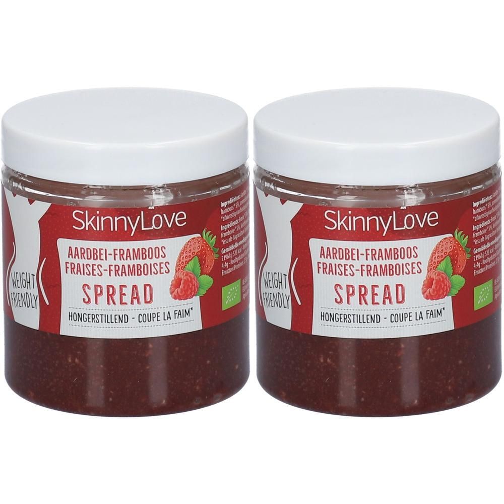 Deux pots de tartinade fraise-framboise SkinnyLove avec couvercle blanc et étiquette rouge avec image de fruits.