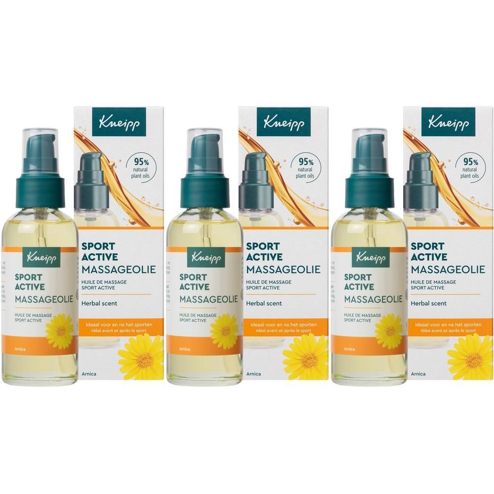 Drie flessen Kneipp Massageolie Arnica Active met pompdispenser, 95% natuurlijke plantaardige oliën.