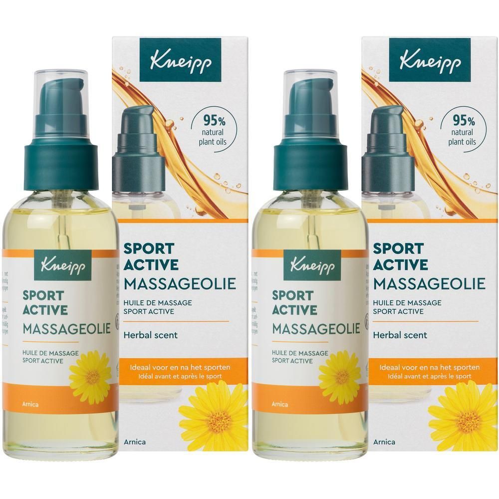 Twee flessen Kneipp Massageolie Arnica Active met pompdispenser.