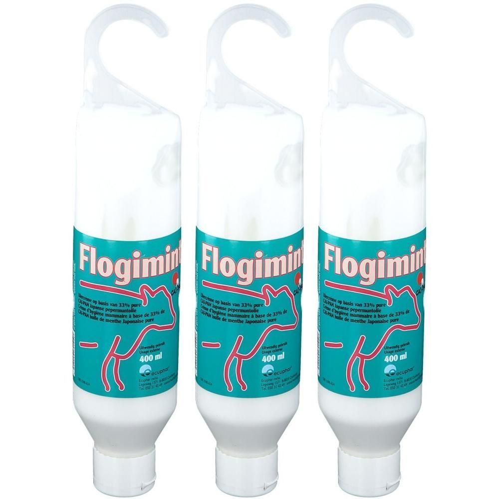 Drie witte flessen met blauw etiket en ophanghaak. Bevat 400 ml.
