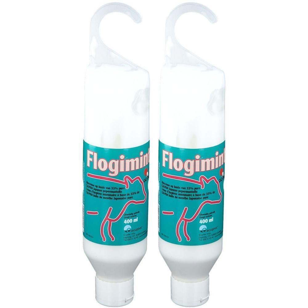 Deux flacons Flogimint avec crochet de suspension, 400 ml chacun.