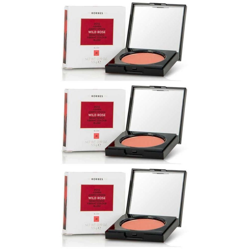 Korres Wild Rose Blush 18 Peach in zwarte verpakking met spiegel.