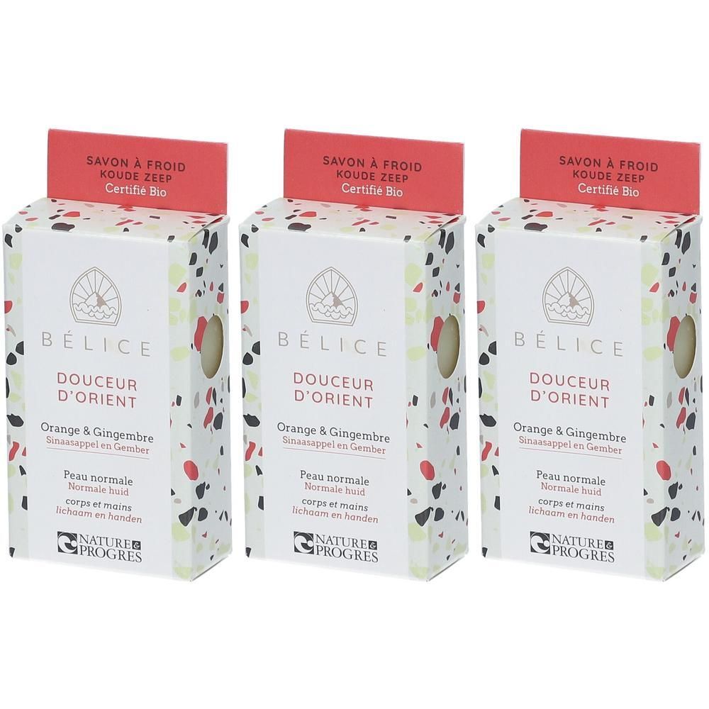 Trois paquets de Bélice Savon Froid Orange & Gingembre Bio. Certifié Bio.
