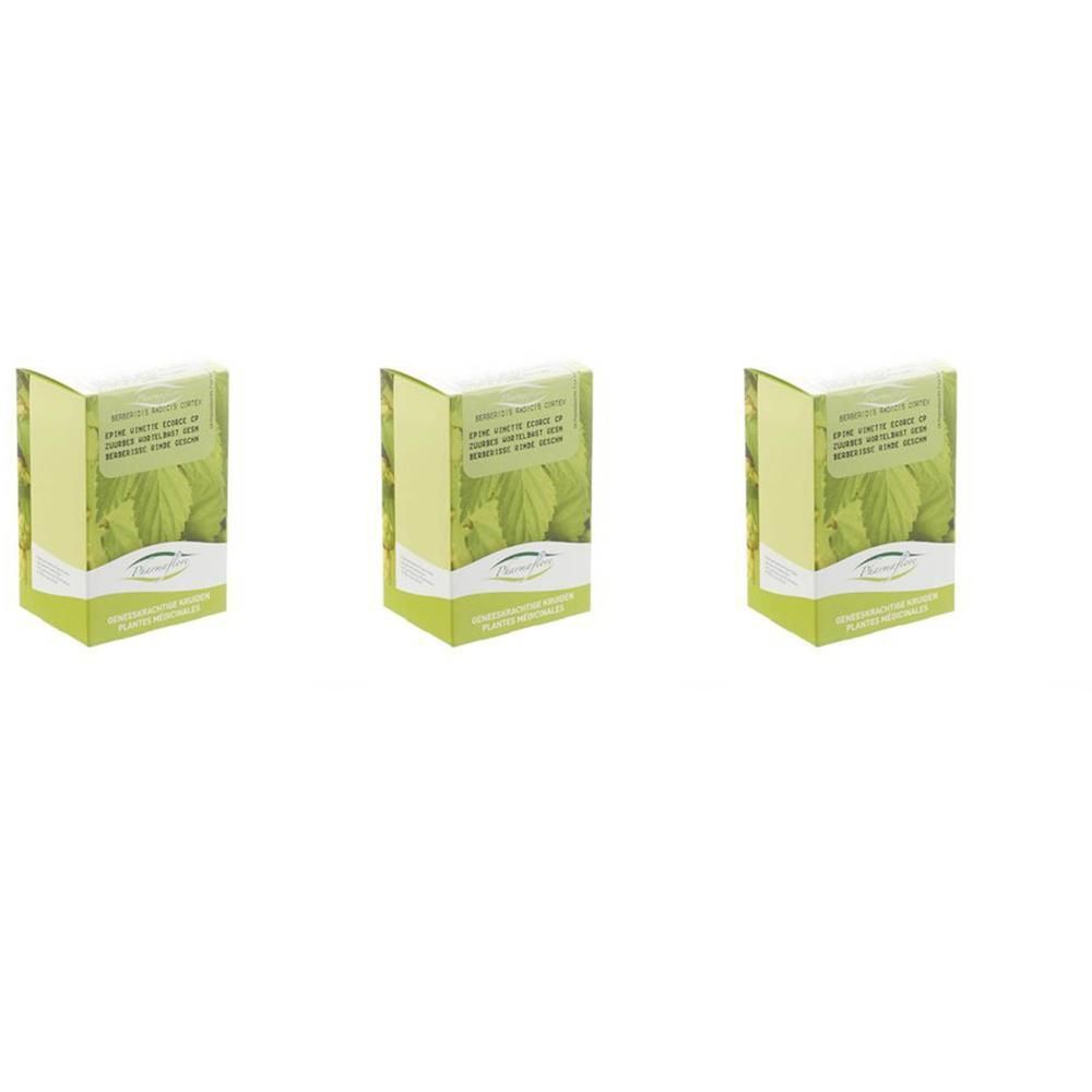 Trois boîtes de Pharmaflore Epine Vinette Ecorce Coupée avec motif de feuilles.