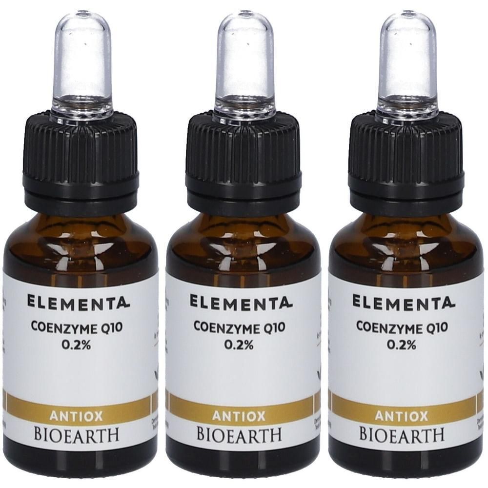 Trois flacons Bioearth Elementa Antiox Coenzyme Q10 0,2% avec bouchon compte-gouttes.