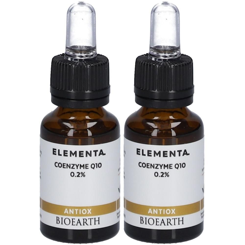 Twee flesjes met druppelaar, bruin glas, etiket "ELEMENTA COENZYME Q10 0.2% ANTIOX BIOEARTH".