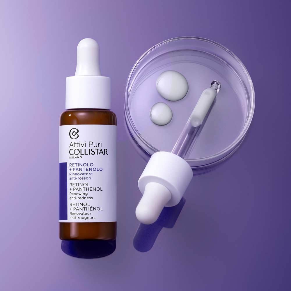 Flesje Collistar Retinol + Panthenol serum naast een petrischaal met druppels.
