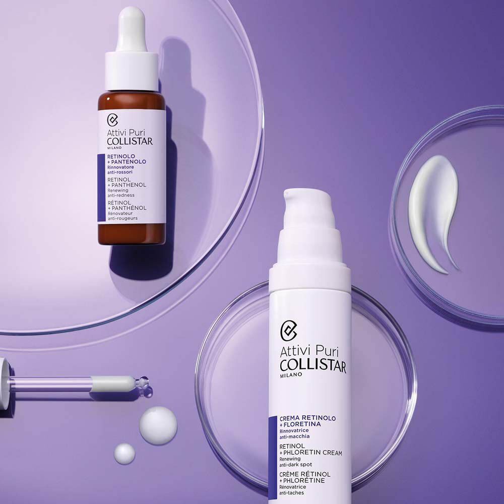 Collistar Retinol + Panthenol serum en crème met druppelaars en druppels.