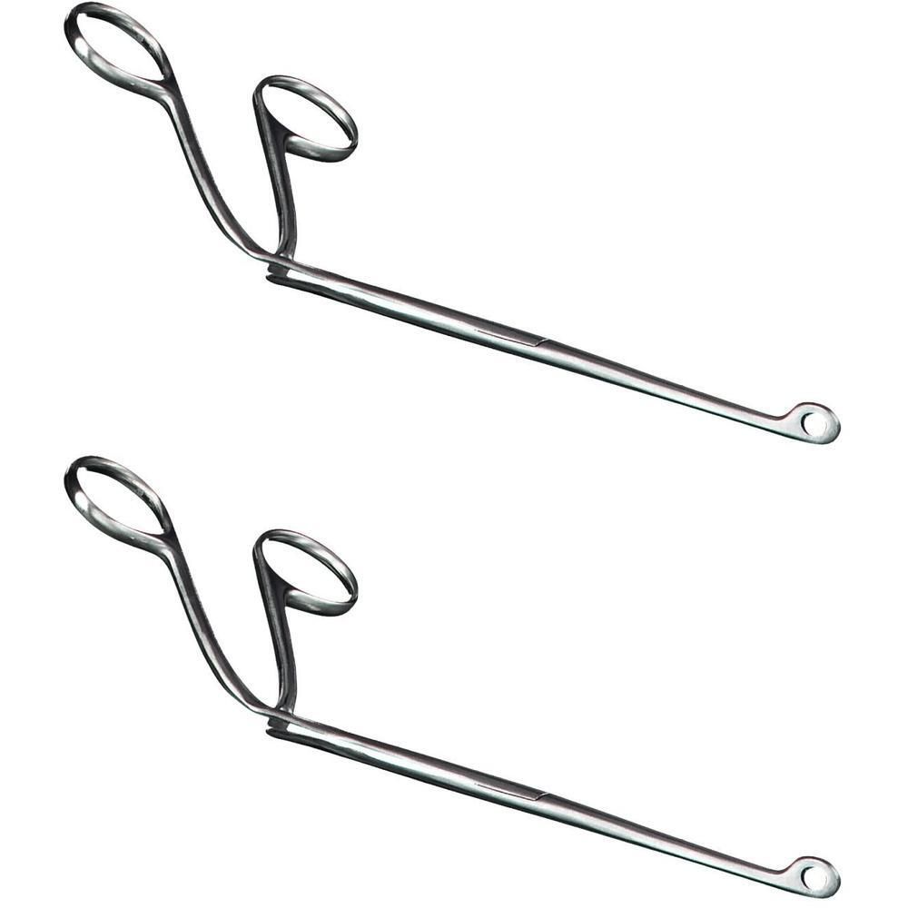 Twee medische metalen pincetten met grijpringen.