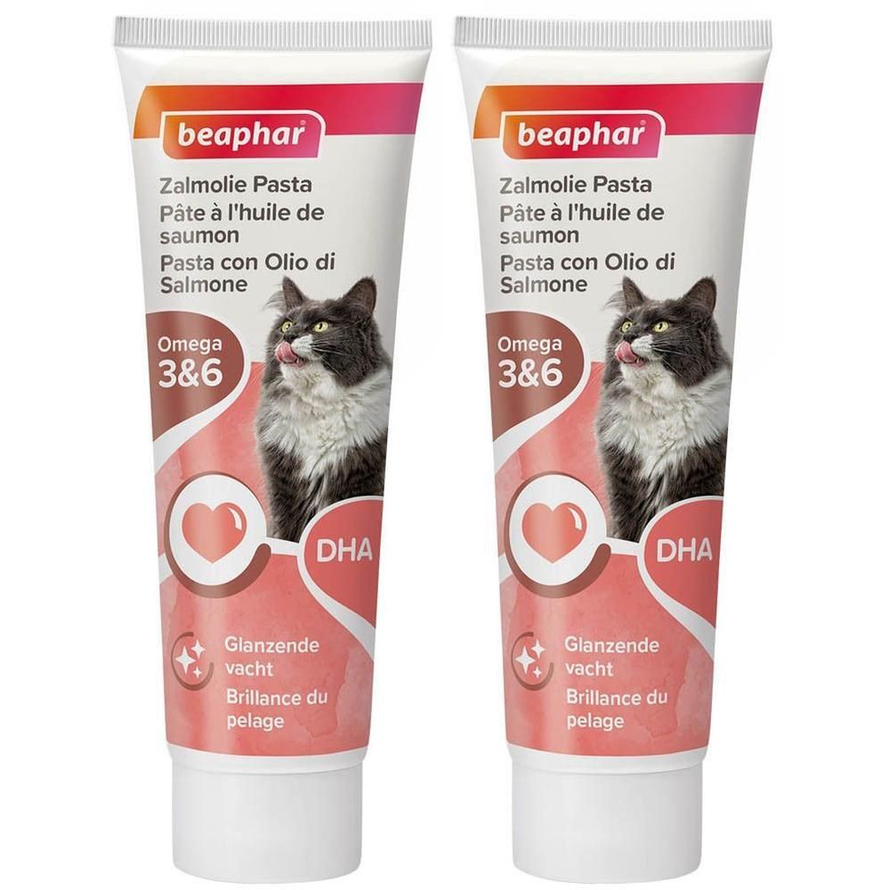 Deux tubes de Pâte à l'Huile de Saumon Beaphar pour chats, avec Oméga 3 & 6 et DHA.