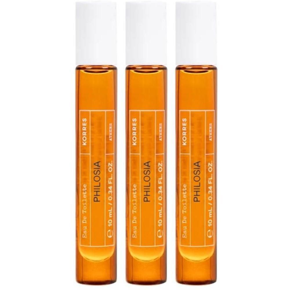 Drie glazen flesjes van 10 ml Eau de Toilette, oranje vloeistof, witte doppen.