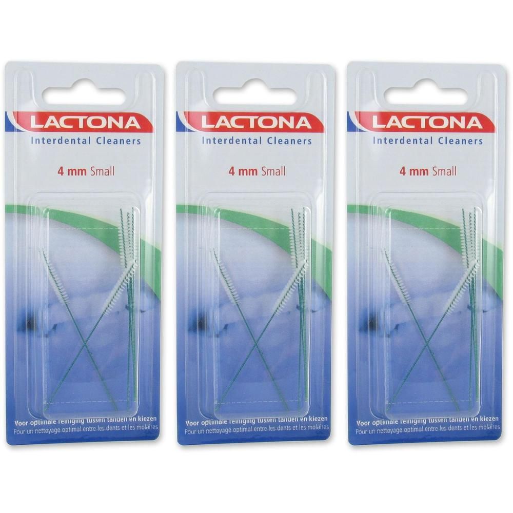 Trois paquets de nettoyeurs interdentaires Lactona, 4 mm petit, avec poils verts.
