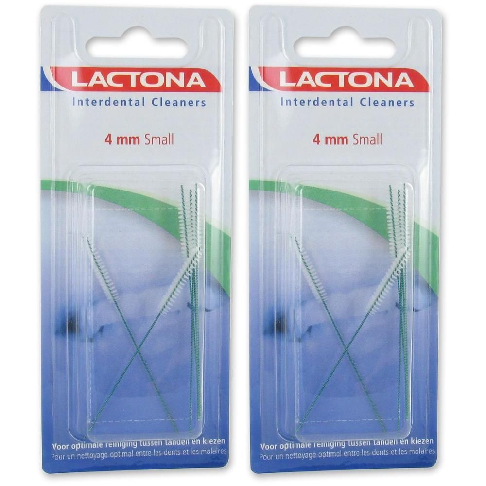 Deux paquets de Lactona Interdental Cleaners, 4 mm Small, avec quatre brosses chacun.