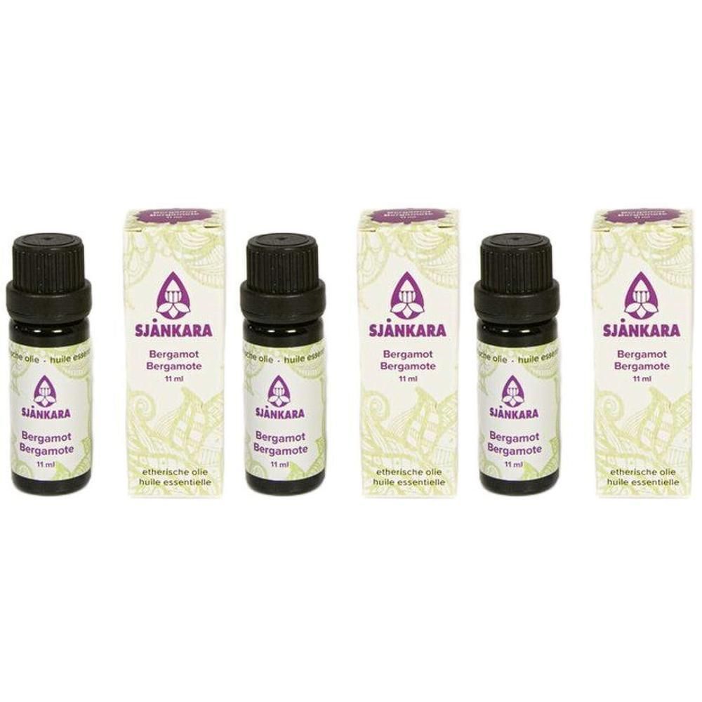 Cinq flacons d'huile essentielle de bergamote Sjankara, 15 ml chacun.