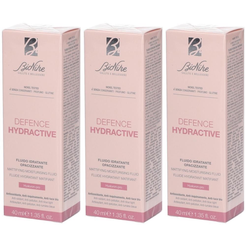 Drie verpakkingen BioNike Defence Hydractive Mattifying Moisturizing Fluid, elk 40 ml.