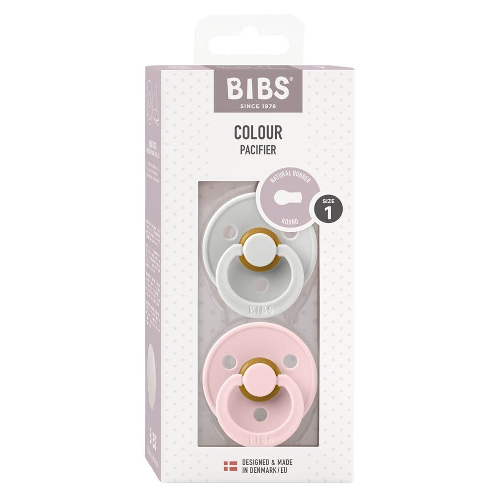 BIBS Colour fopspenen Maat 1, verpakt in een doos met een grijze en een roze fopspeen.