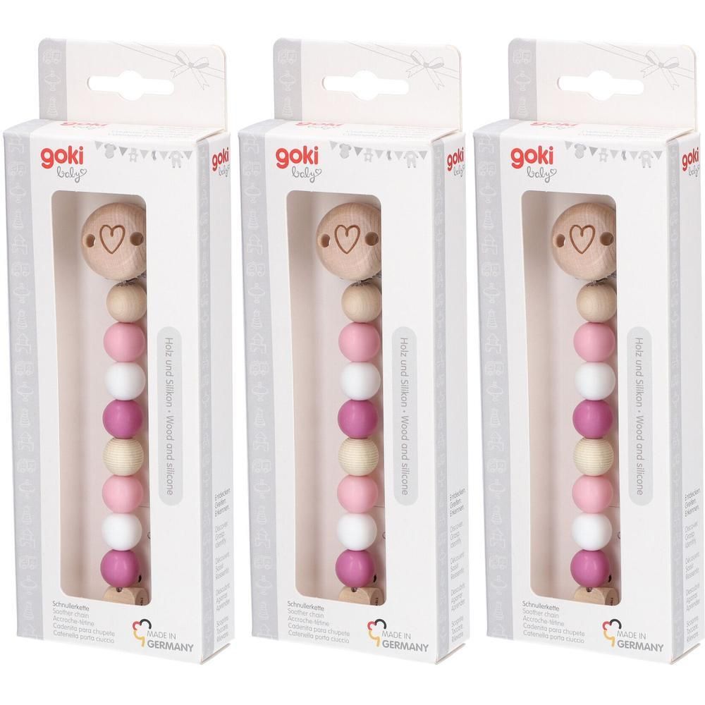 Goki fopspeenketting met houten kralen in roze, wit en naturel. Hartmotief.