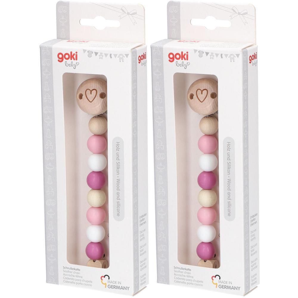 Twee Goki fopspeenkettingen met roze, witte en beige houten kralen. Hartmotief.