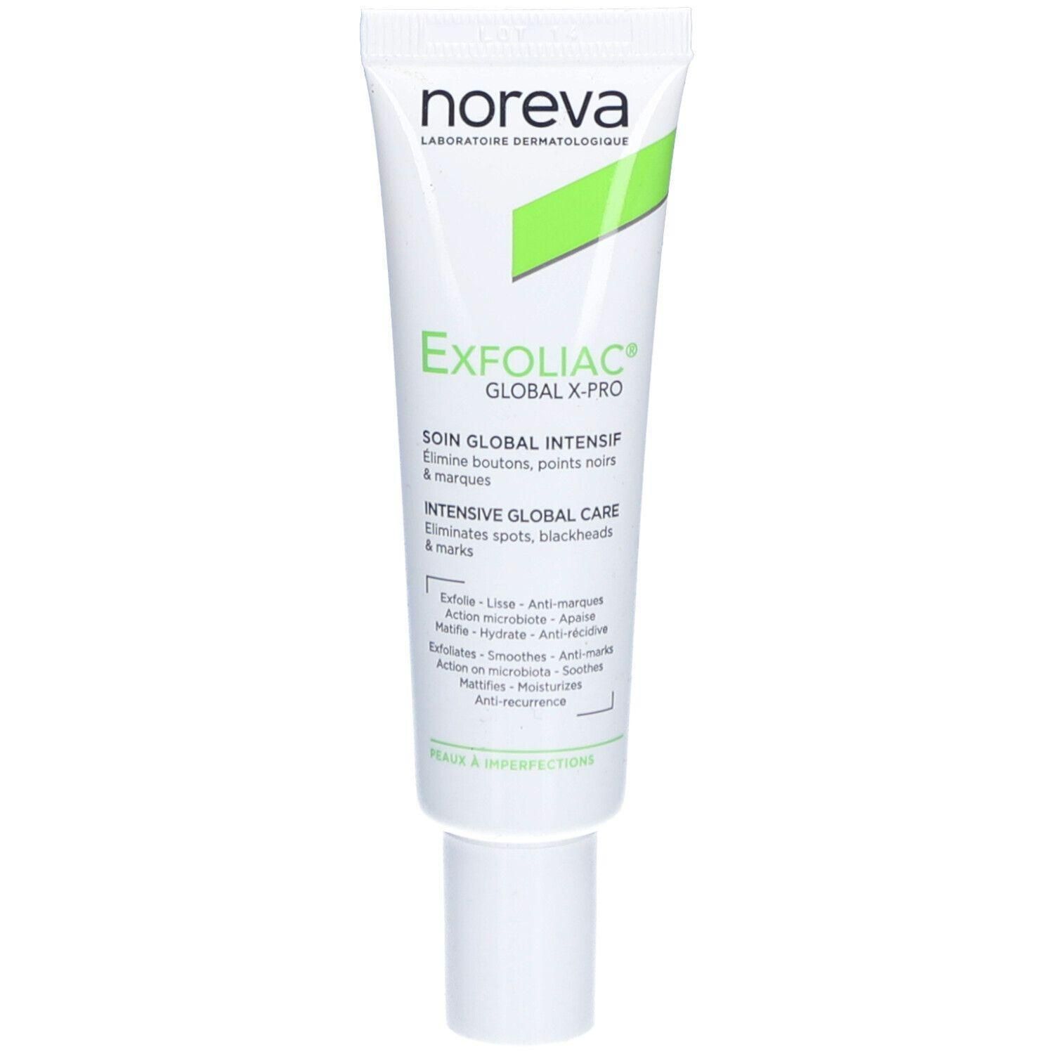 Noreva Exfoliac Global X-pro tube met witte dop. Bevat informatie over huidverzorging.
