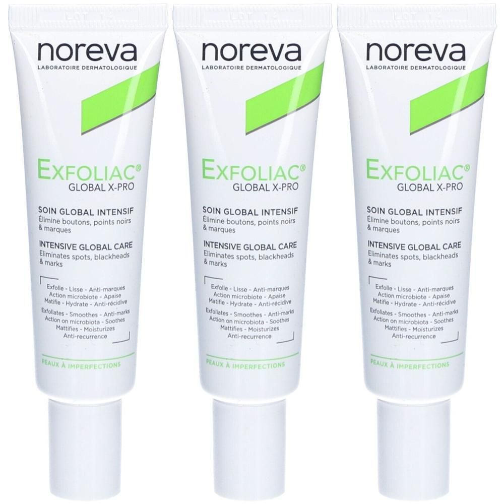 Trois tubes de crème de soin Noreva Exfoliac Global X-pro, design blanc et vert.
