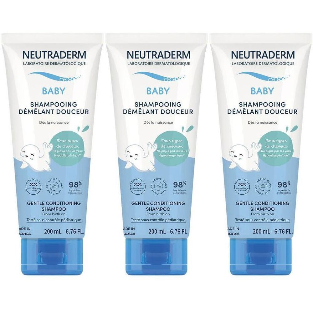 Trois flacons de Neutraderm Shampooing Démêlant Douceur, 200 ml.