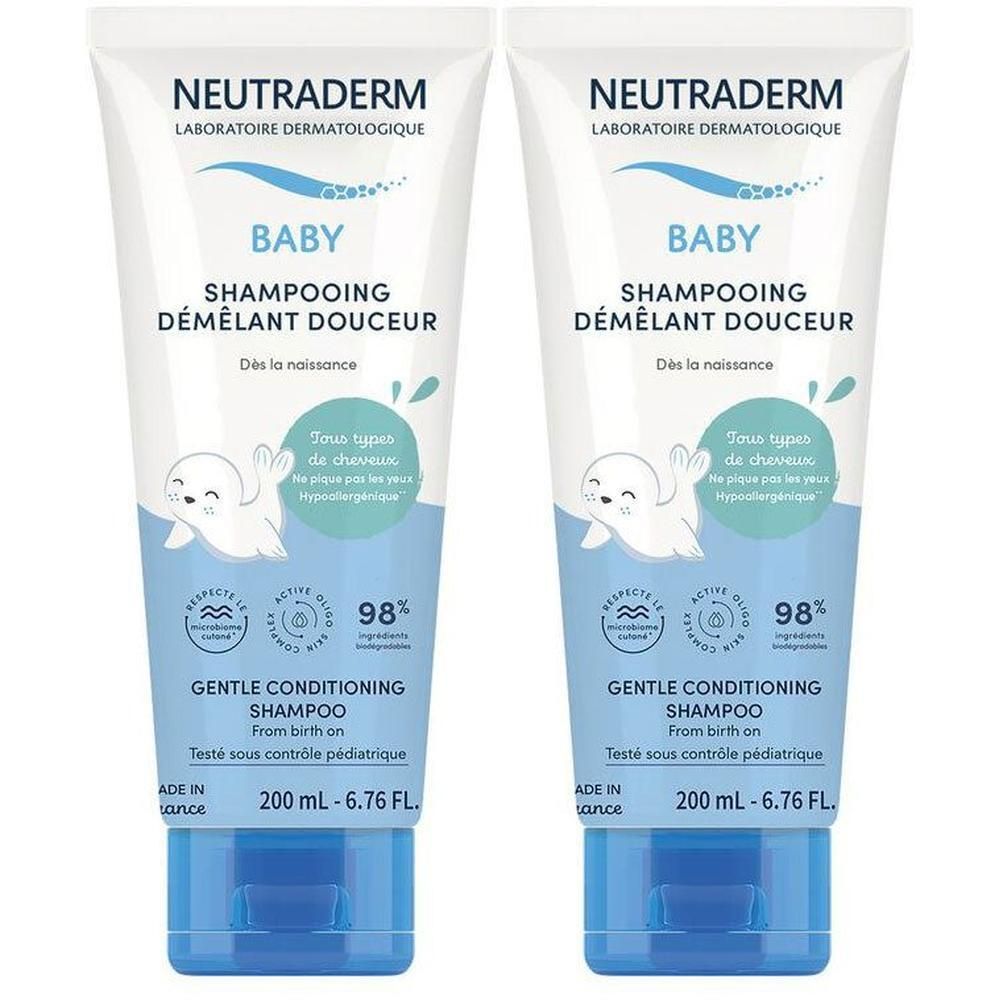 Twee flacons Neutraderm Shampooing Démêlant Douceur, 200 ml.