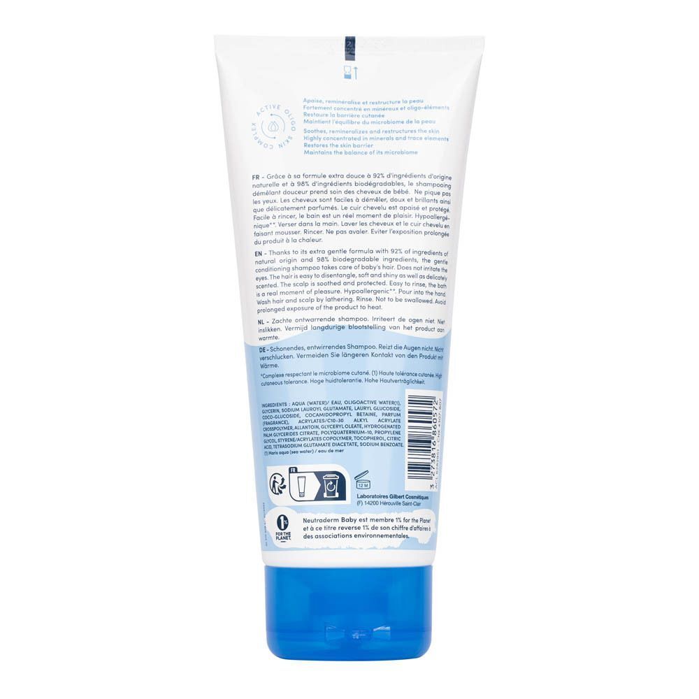 Arrière d'un flacon de Neutraderm Shampooing Démêlant Douceur avec liste d'ingrédients.