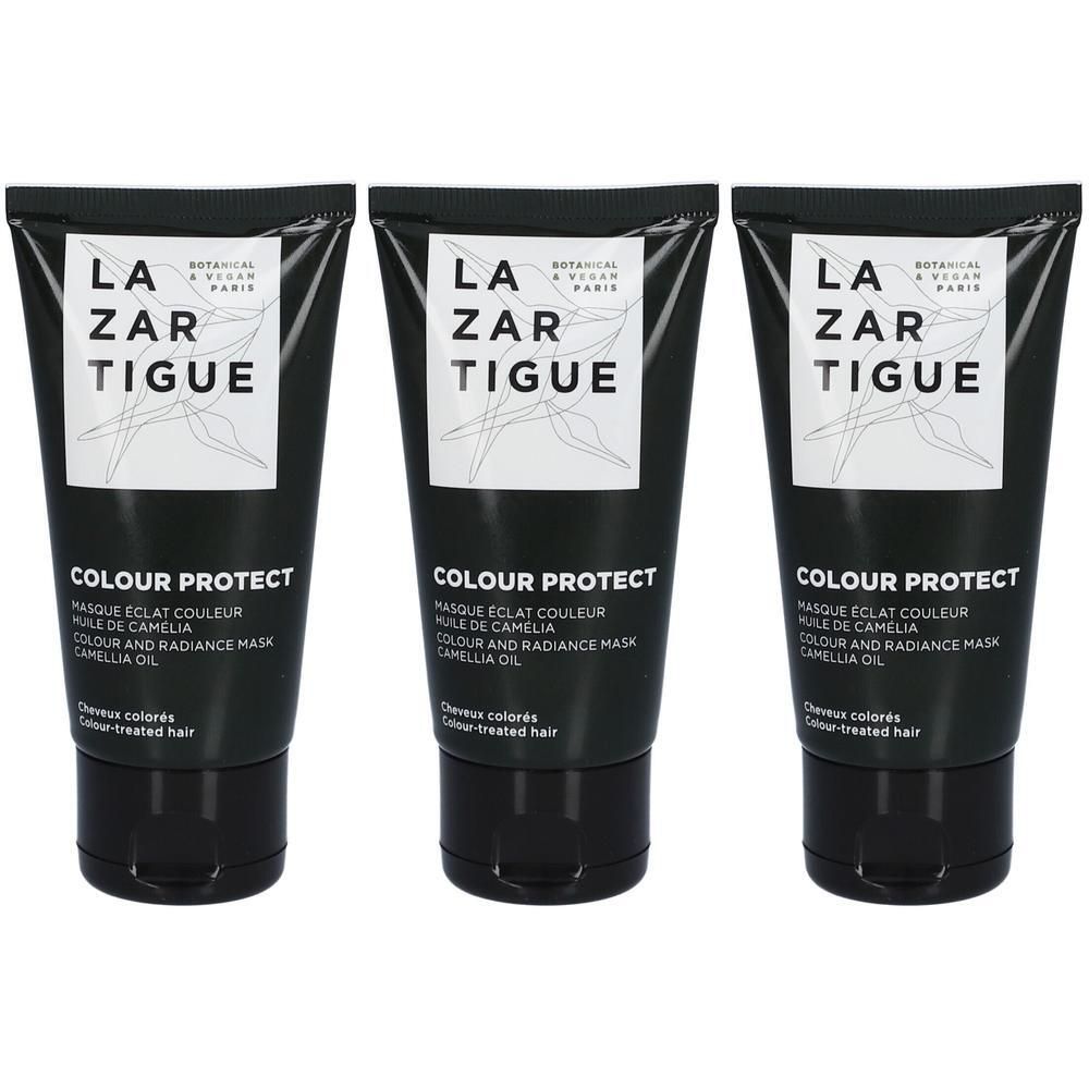 Trois tubes de Masque Éclat Couleur Lazartigue à l'huile de camélia pour cheveux colorés.