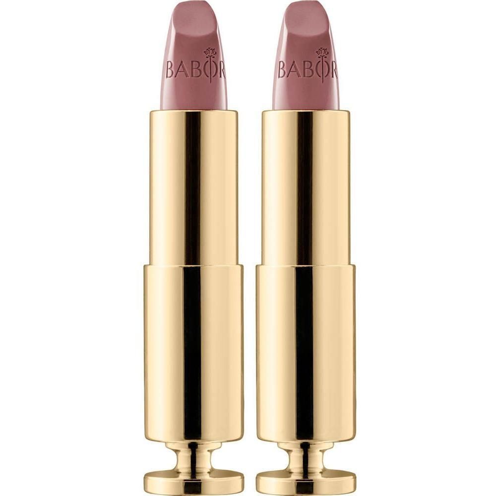 Deux tubes de rouge à lèvres dorés avec logo Babor et raisin de couleur mauve clair.