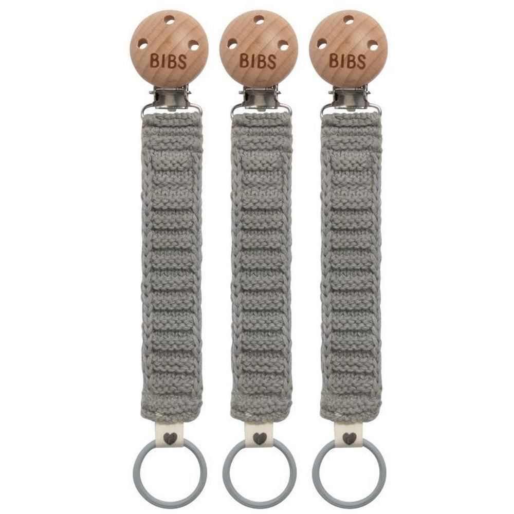 Trois attaches-sucette BIBS avec clip en bois et cordon tricoté gris.