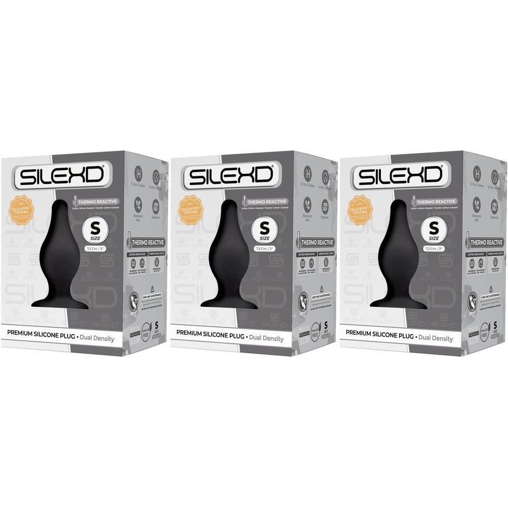 Trois boîtes de SilexD Plug Premium en silicone noir, taille S, avec des informations détaillées sur le produit sur le devant.
