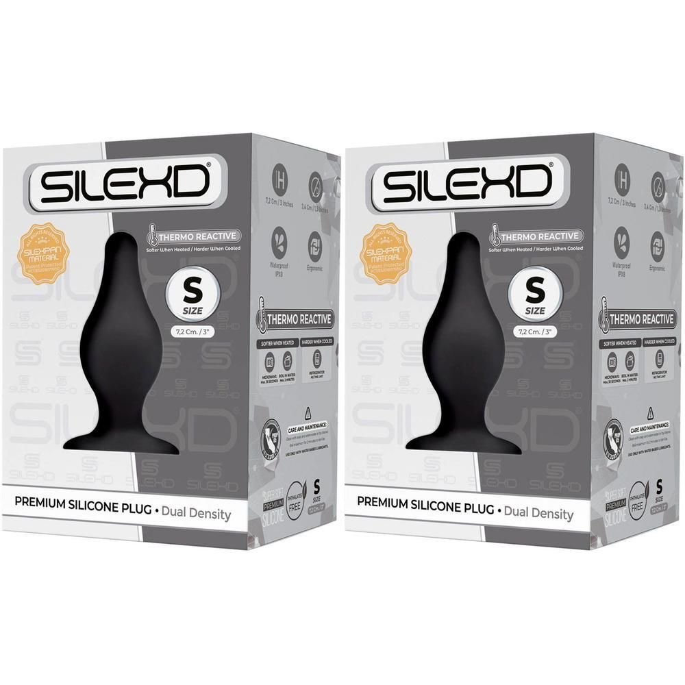 Twee verpakkingen van SilexD Plug Premium in zwart siliconen, maat S.