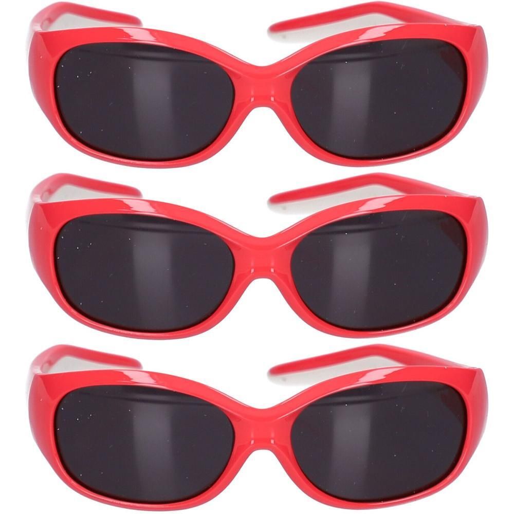 Trois paires de lunettes de soleil rouges avec verres noirs et branches blanches.