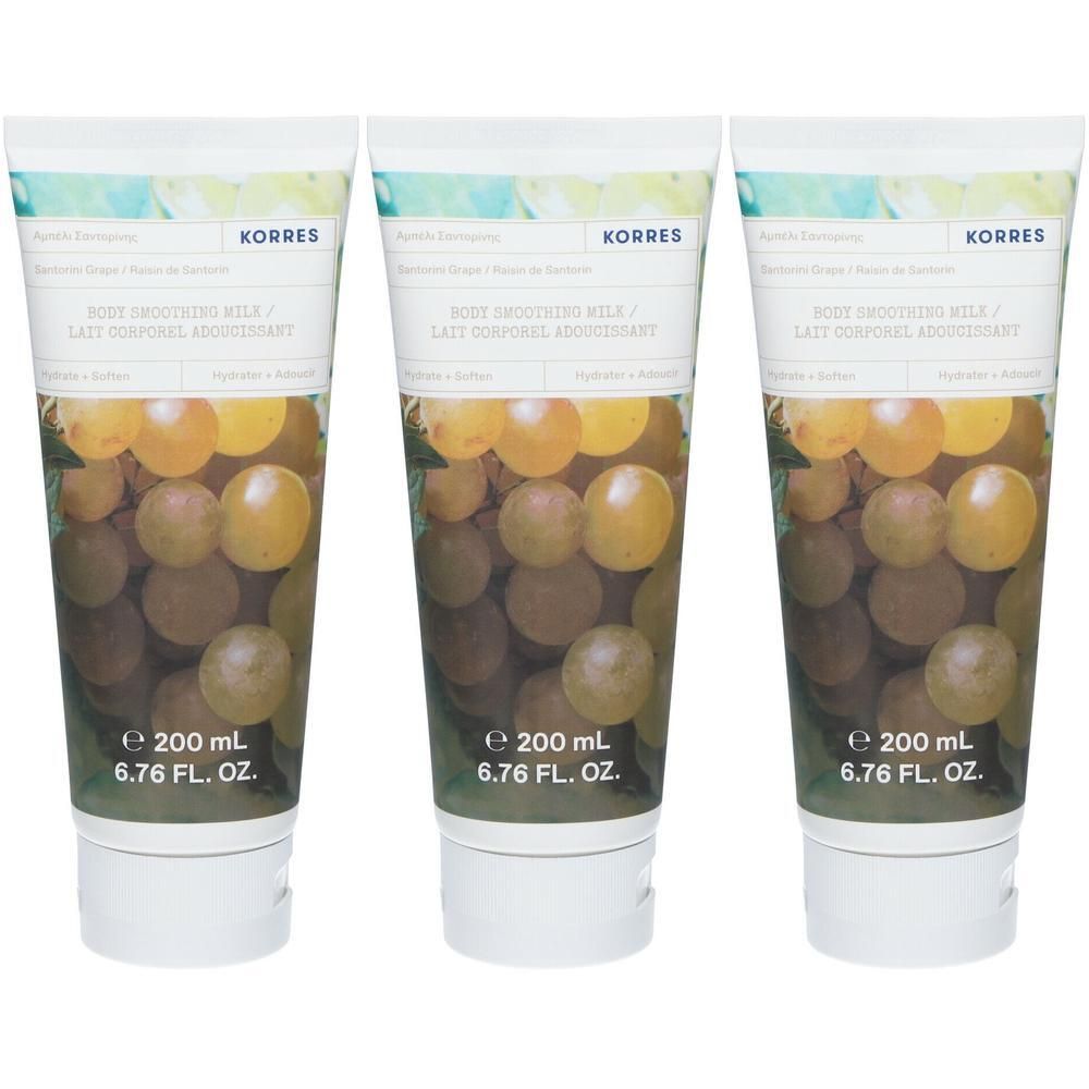 Drie Korres Body Smoothing Milk tubes met druivenprint, 200 ml.