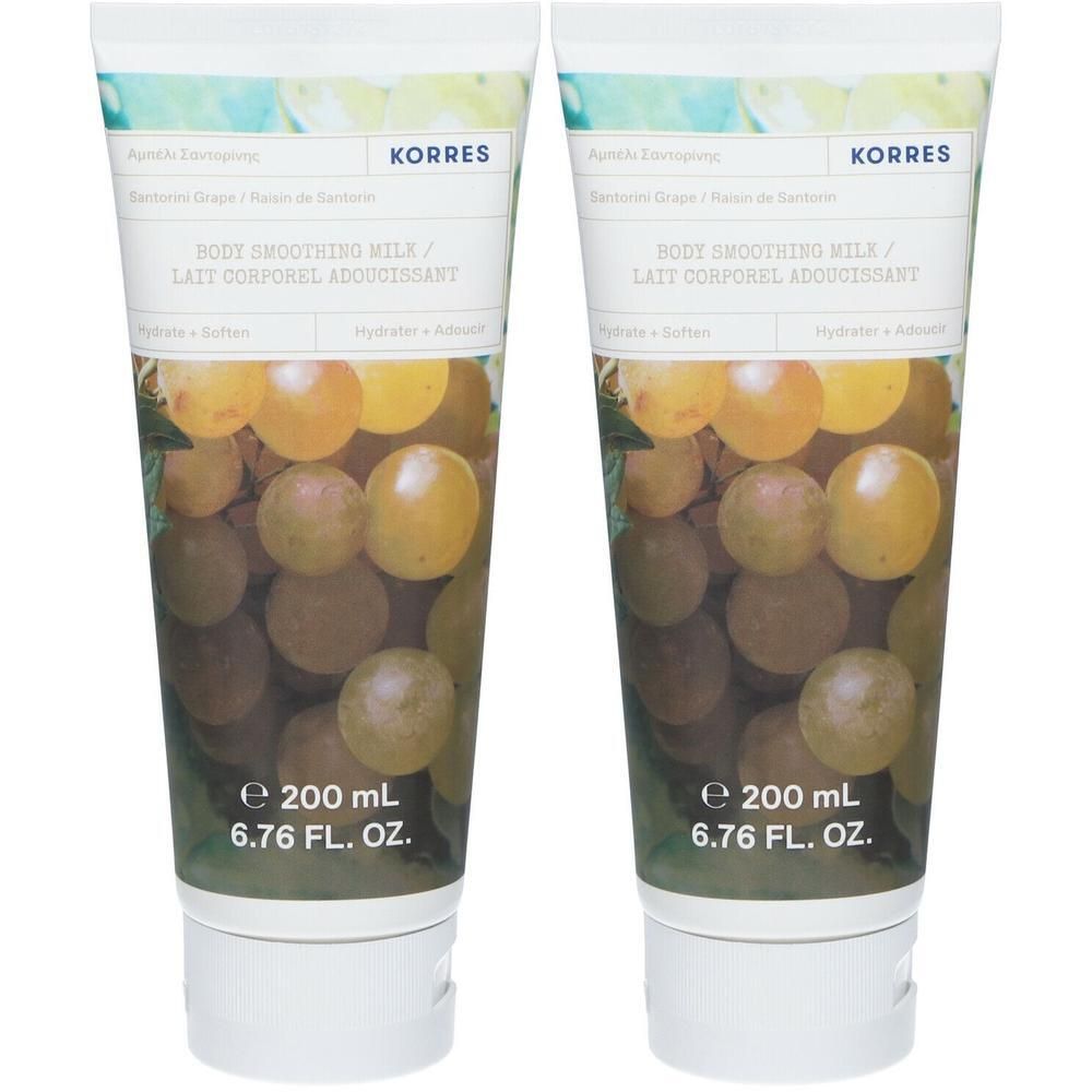 Deux tubes de Lait Corporel Adoucissant Korres, motif raisin, 200 ml.