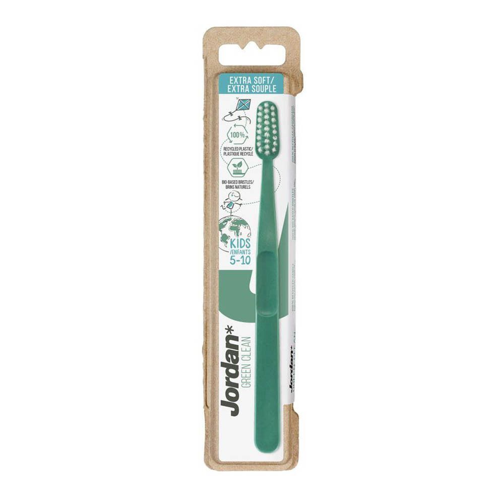 Brosse à dents verte Jordan Green Clean enfant, extra souple, 5-10 ans, en emballage blister.