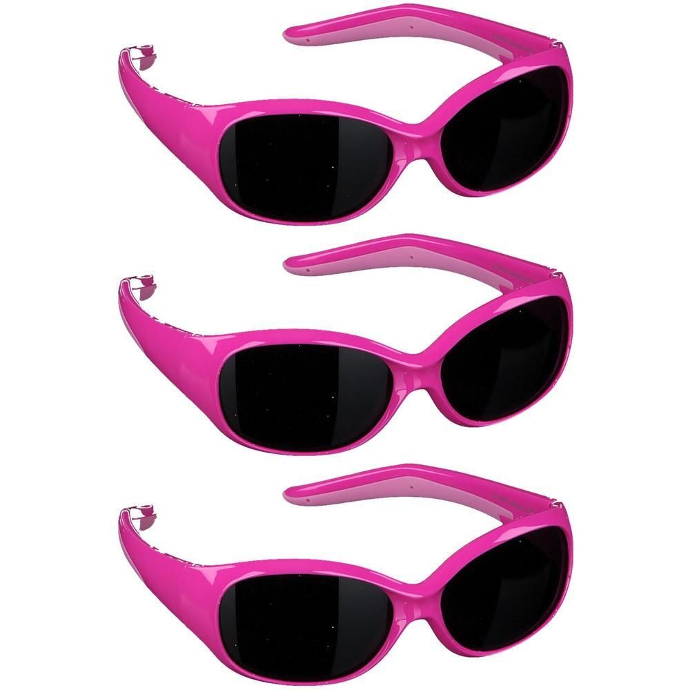 Trois paires de lunettes de soleil roses avec verres noirs.